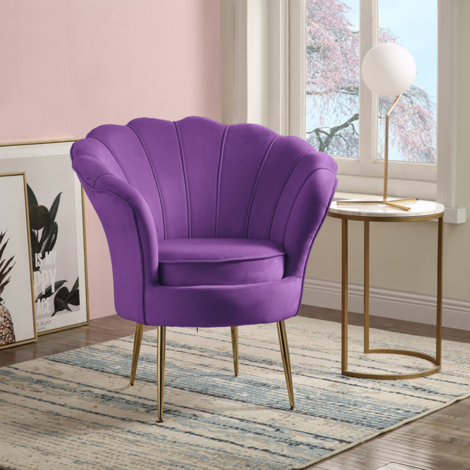 34" Angelina Purple Velvet Scalloped Back Barrel Accent Chair with