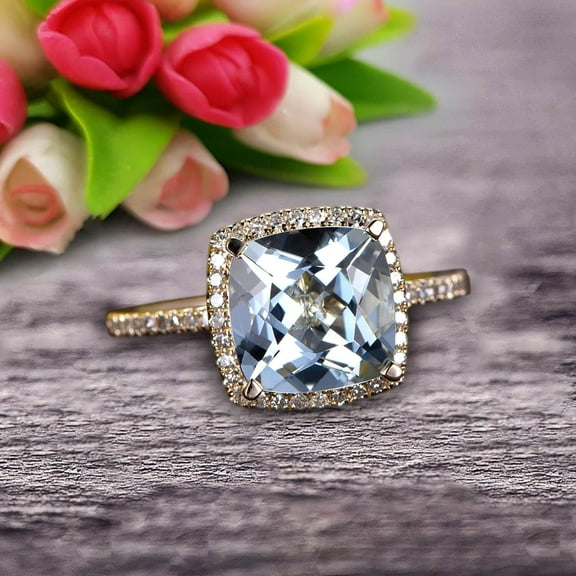 2.05 Carat 7mm Cushion Cut Aquamarine Diamond Engagement Ring On 10k Aquamarine Yellow Gold Ring