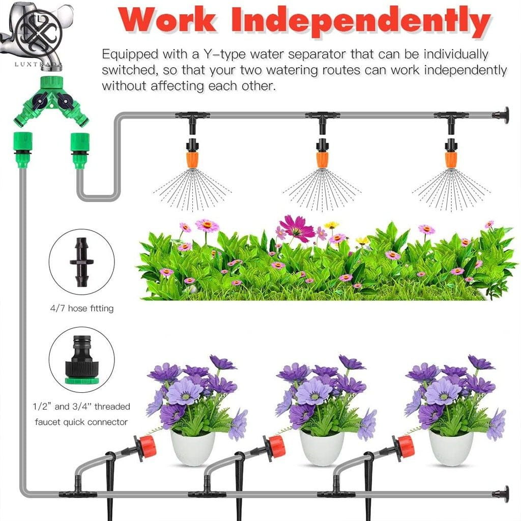 Luxtrada 100FT Garden Automatic Drip Irrigation Set,30m Adjustable Micro DIY Irrigation Kit Plant Water Saving System,1/4" Heavy Duty Tube Watering Kit for Patio Lawn Garden Greenhouse Flower Bed