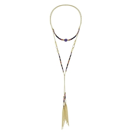 Long Lariat - Lariat Wrap Around Purple Stone & Brass Beads Long Multi-Wear Necklace