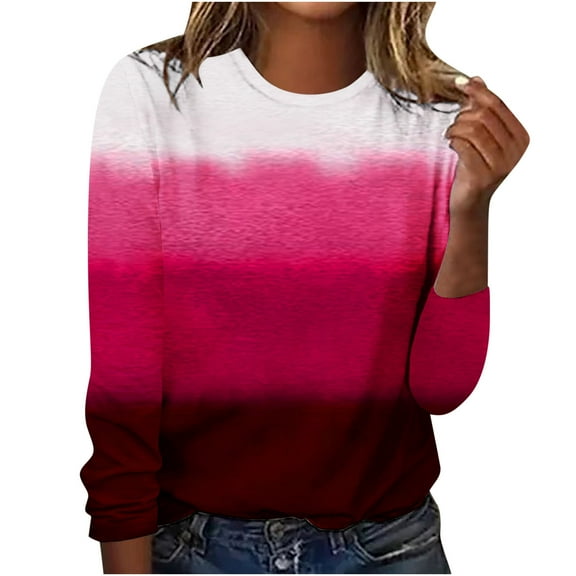 BLVB Long Sleeve Shirts for Women Casual Fall Blouses Crewneck Gradient Printed Cute Tops Loose Fit Tunics Red