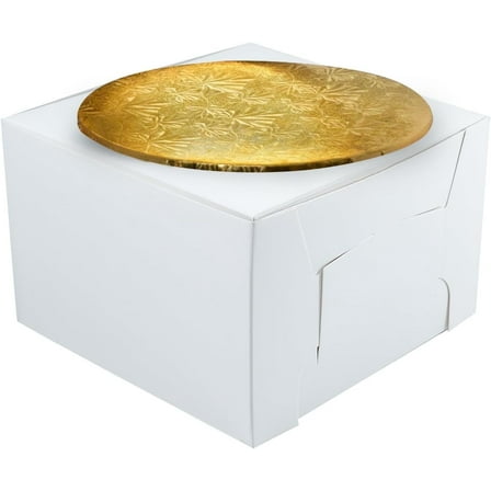 10" Combo Box Set - 10x10x5 1/2 White Cake Box with 10" Gold Round Drum 1/4"