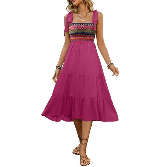 Women Sleeveless Summer Dresses Wedding Guest Maxi Dresses Ribbed Knit Tops and Polyester Skirt with Pockets Rose Red S
