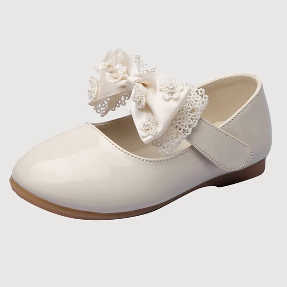 Gyujnb Mary Jane Shoes, Lace Bow Pearl Flat Hook and Loop, for Party Wedding Casual (Girls),2.5-3 Years