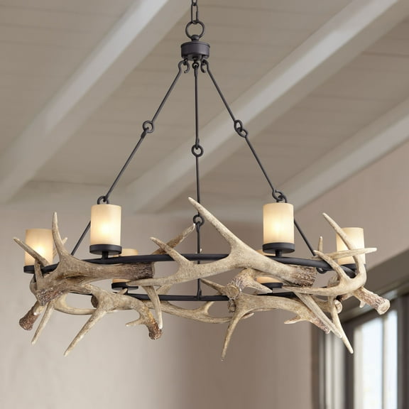 Franklin Iron Works Antler Lodge Black Chandelier 36 3/4" Wide Farmhouse Rustic Antler Deer Horn 6-Light LED Fixture for Dining Room Kitchen Island