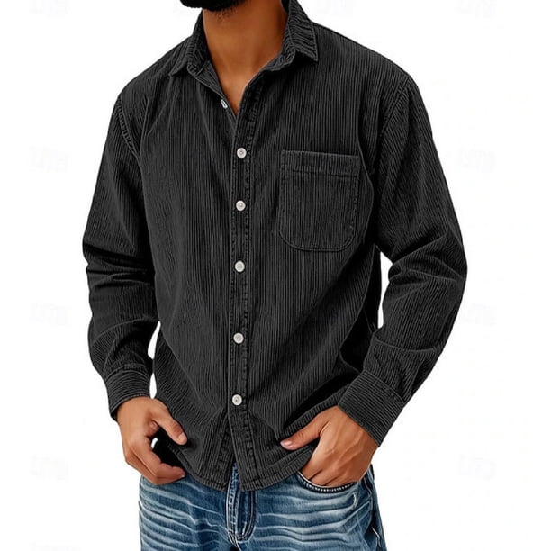 Camisa Casual de Manga Larga de Corduro de Ajuste Suelto para Hombres con Cuello Girable para el Uso Diario Y Trajes Elegantes