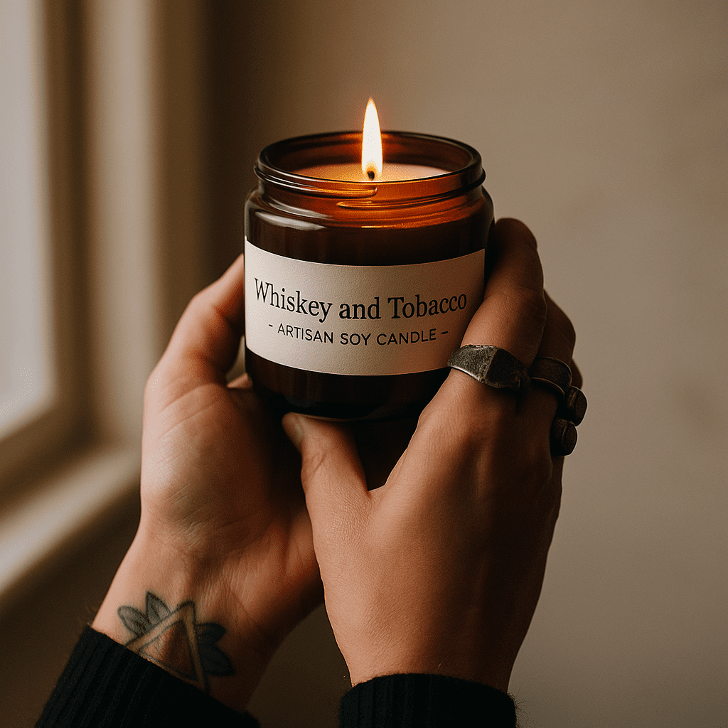 Nature Skin Shop Whiskey & Tobacco Soy Candle – Clean-Burning Wood Wick Candle with Warm Amber, Musk & Vanilla Notes – 8 oz Jar – Modern Home Fragrance