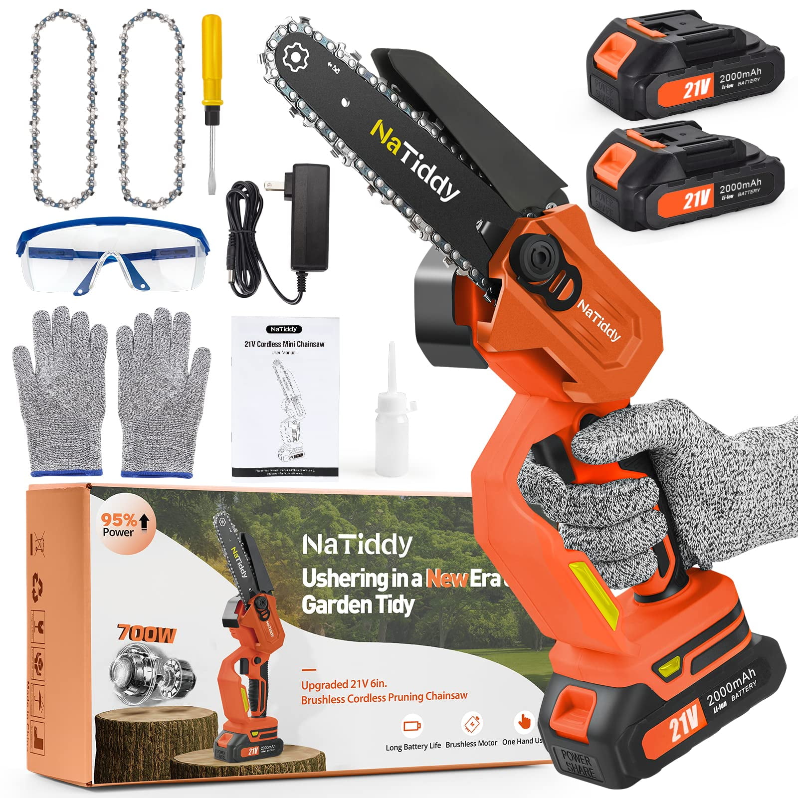 NaTiddy Mini Chainsaw 6 inch Cordless,Upgraded 21V Brushless Battery