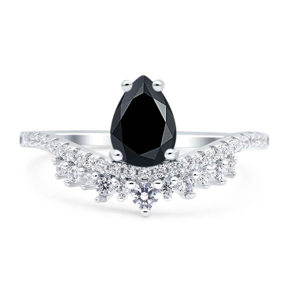 Natural Black Onyx Size-5 Art Deco Pear Teardrop Chevron Ring Cocktail Crown Style Cluster CZ Wedding Engagement Ring For Women 925 Sterling Silver