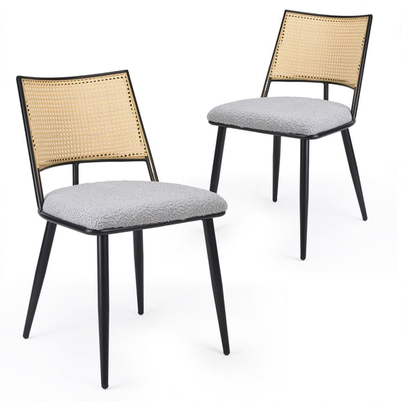 Dining Chairs Set of 2, Mid-Century Modern Boucle Upholstered Accent Chairs with Ergonomic Rattan Backrest and Durable Metal Frame for Kitchen and Dining Room, Light Grey Color