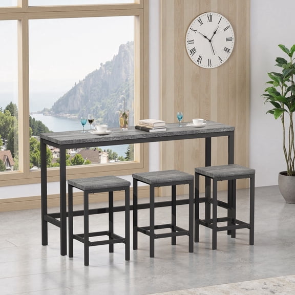 Oufan Farmhouse Long Dining Table Set with 3 Stools, Bar Table Set for Dining Room