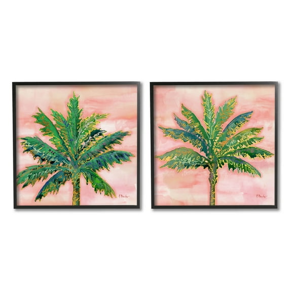 Tropical Palm Trees Glam Detail Botanical & Floral Graphic Art Black Framed Art Print Wall Art, Set of 2