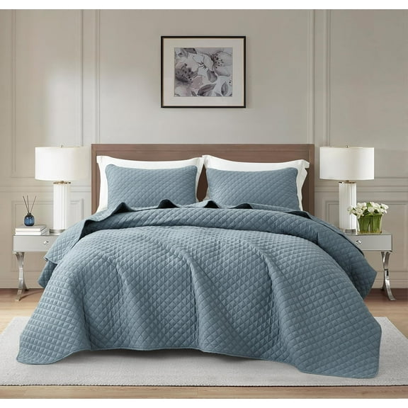 Chezmoi Collection Teo 3-Piece Dusty Blue Queen Size Quilt Set - Diamond Stitched Lightweight Microfiber Bedspread Set Bedspread Set for All Seasons