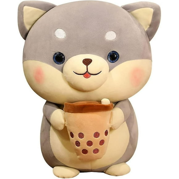 Shiba Inu Plush Pillow Toys,cute Cartoon Boba Dog Stuffed Animal Plushies With Bubble Tea,kawaii Milk Tea Shiba Inu Doll Toy Gifts For Girls Boys(gray