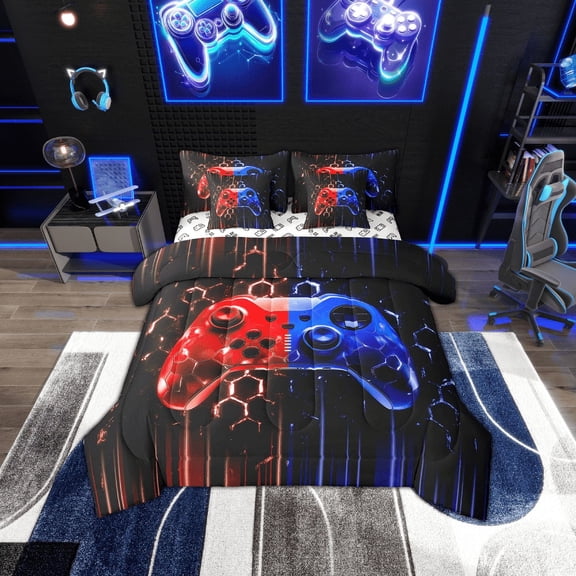 Erosebridal Neon Red Blue Gamepad Bedding Sets Twin Size, Gradient Lines Comforter Sets with Sheets, Gamer Room Decorative, Reversible 7-Piece