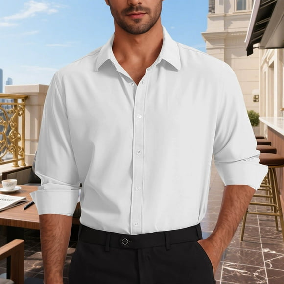 Viluyesy Mens Button Down Long Sleeve Shirt Regular Fit Lapel Lightweight Solid Work Shirt White 3XL