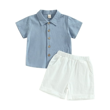 

Wallarenear 2Pcs Baby Boy Cotton Linen Lapel Button Down Shirt Tops Elastic Waist Shorts