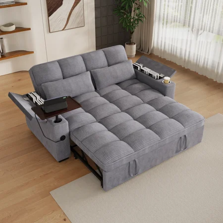 Aukfa 65"W Convertible Sofa Bed with Storage, 3-in-1 Corduroy Queen Sleeper Sofa Couch with 360° Swivel Side Table & USB /Type-C Ports,Gray