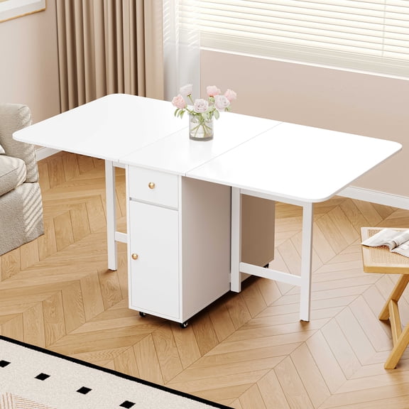 White 59.1'' Foldable Dining Table for Small Space, Rectangular Wood Folding Extendable Kitchen Table with Drop Leaves