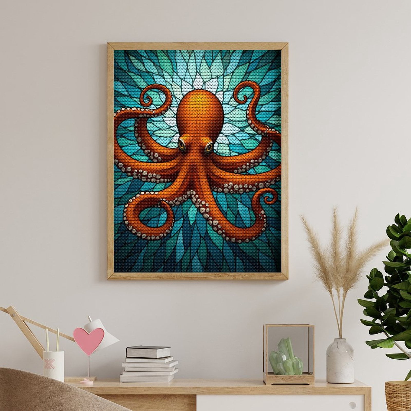 Diamond Art Kit for Adults, Orange Octopus Blue Mosaic Ocean Diamond Painting for Adults Beginners, 5D DIY Diamond Art Painting Kits, Colorful Diamond Painting Craft for Home Decor 12x16