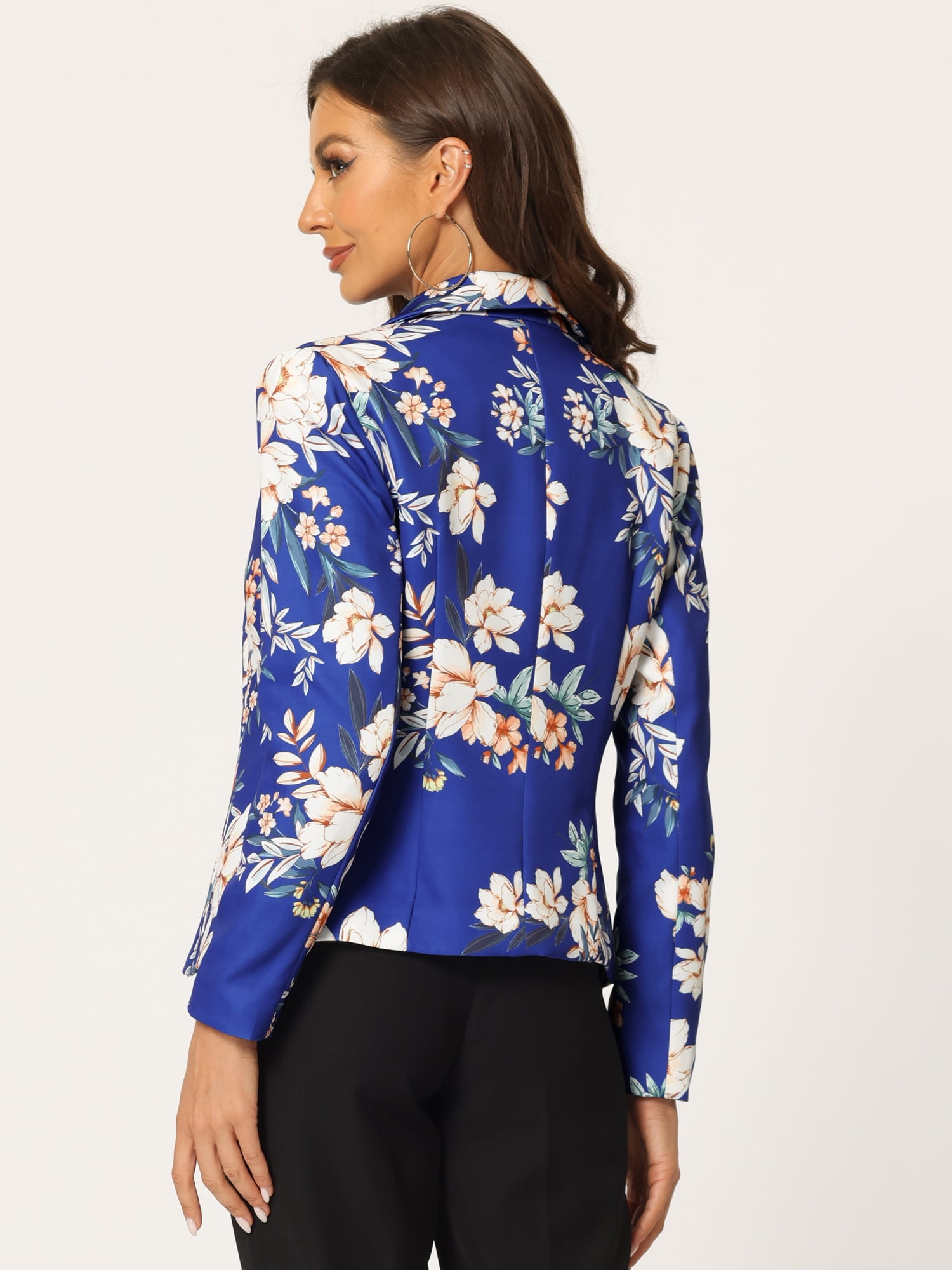 DARING DIVA Women's Elegant Notched Lapel Floral Print Blazer L Royal Blue-Floral