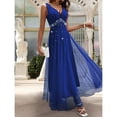 thumbnail image 3 of Royal Blue Sleeveless V-Neck Floor-Length Maxi Dress With Faux Pearl Embellishment And Sheer Tulle Overlay, 3 of 5