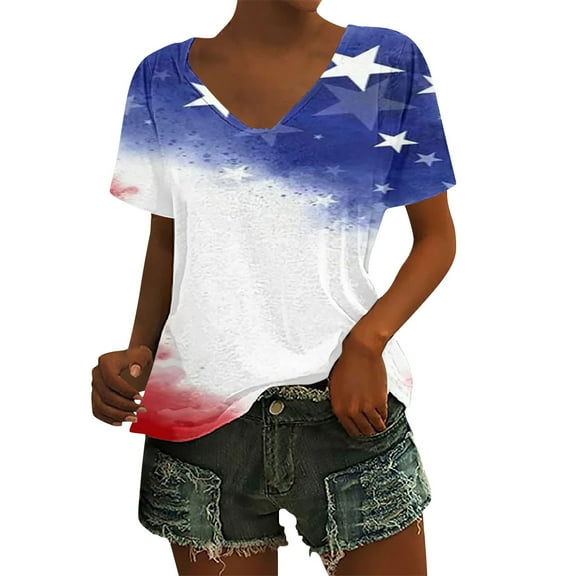 HEILAU American Flag Graphic T Shirts for Women Independence Day Vintage Print Floral Casual V Neck T Shirt Patriotic Tops