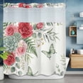 thumbnail image 2 of Roses Eucalyptus No Hook Shower Curtain with Snap in Liner Ferns Leaf Succulents Green Butterfly Waterproof Bathroom Shower Curtain with See Through Top Window for Bathtub 72" x 78", 2 of 9
