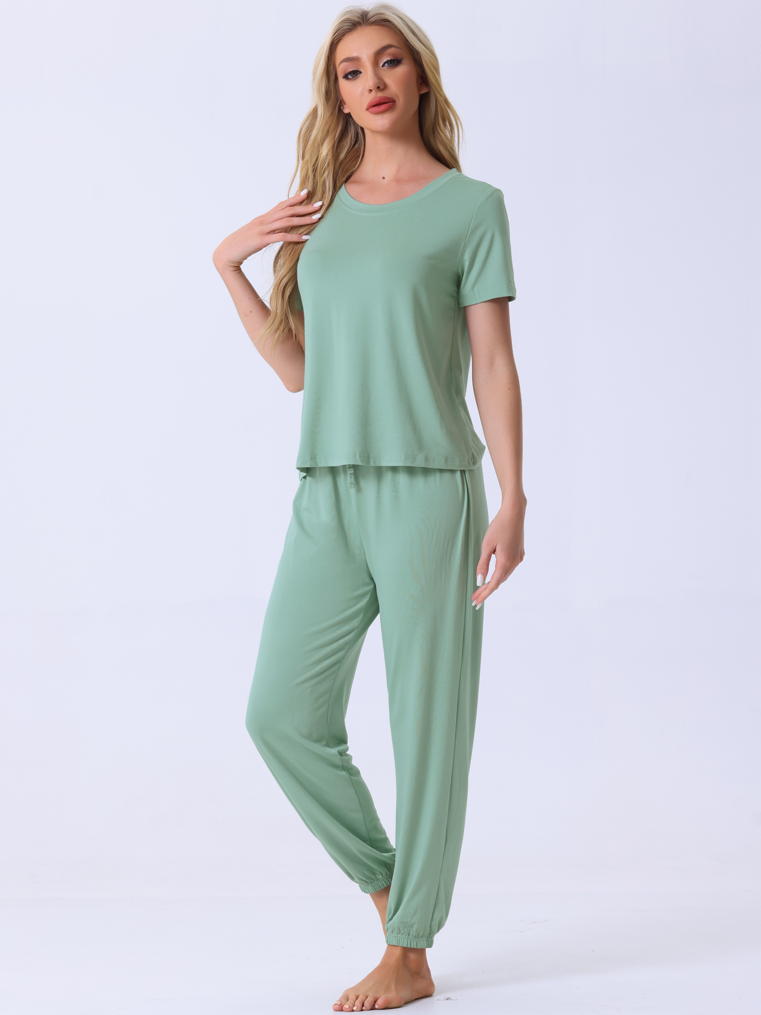 DARING DIVA Women's Soft Short Sleeve Shirt Long Pant Pajamas Sets M Green