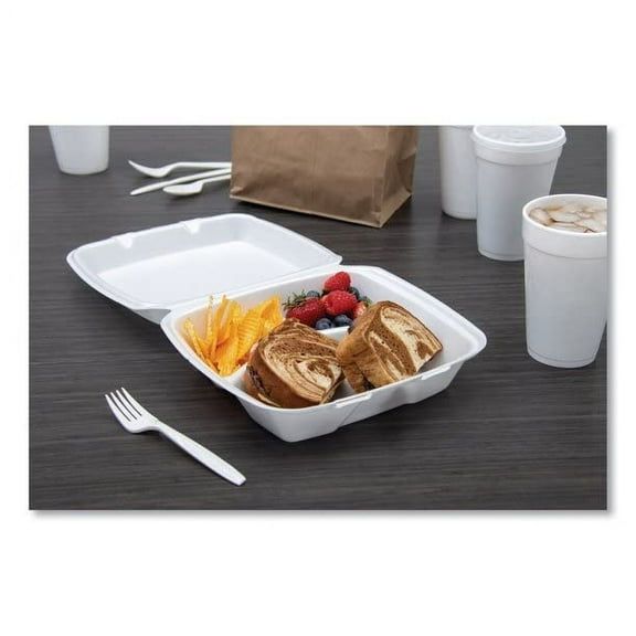 Foam Hinged Lid Containers with 3-Compartments - 200/Carton, 8.38 x 7.78 x 3.25 - Commercial Food Storage Containers