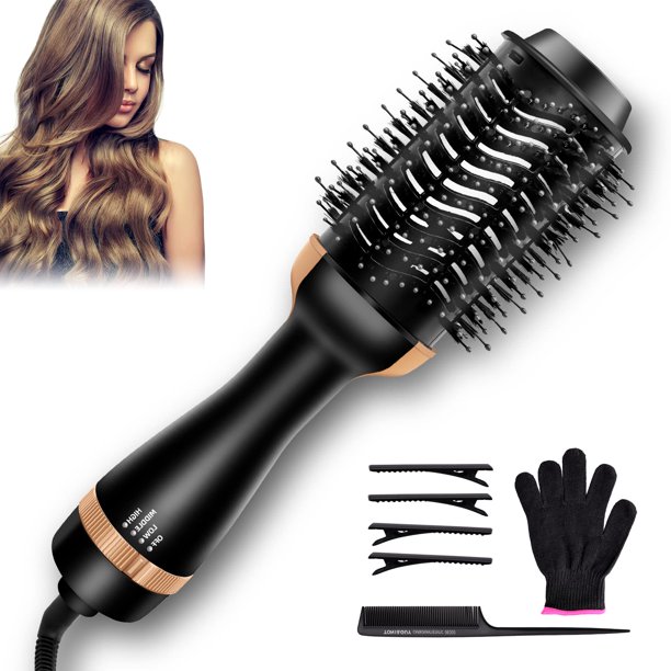 Secador Cepillo de Pelo Multifuncional, Cepillo de Aire Caliente 4 en 1, Cepillo Alisador Pelo Secador Pelo Peine Cepillo para Alisar con Iones Negativos 3 Temperaturas Mango Ergonómico par