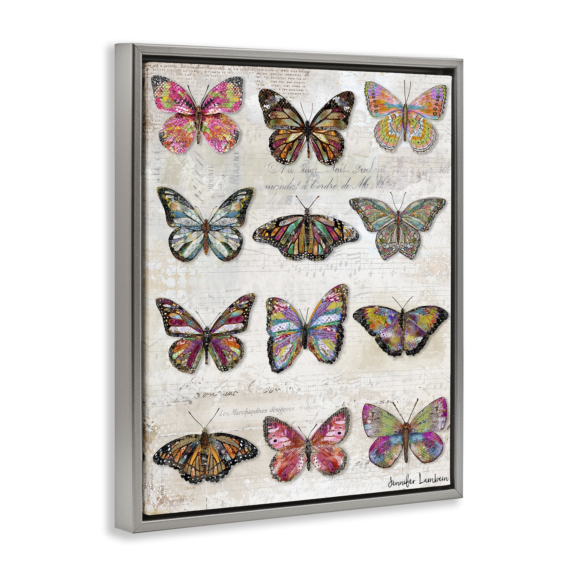 Stupell Industries Butterfly Love Vintage Studies Animals Painting Gray Floater Framed Canvas Art Print Wall Art, 25 x 31