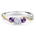 thumbnail image 3 of Gem Stone King 925 Silver and 10K Yellow Gold Moissanite Purple Amethyst and Lab Grown Diamond 3 Stone Engagement Ring for Women (0.46 Cttw, Gemstone Birthstone, Size 7), 3 of 6