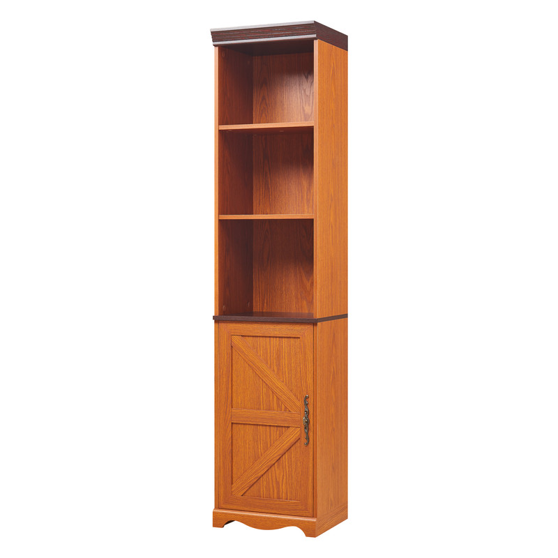 Farmhouse Storage Cabinet with Barn Door & Adjustable Shelf, Wood Bookcase for Home Office, Bookshelf with Open Display Cubbies