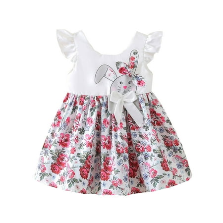 

Little Girls Dresses Toddler Baby Girl Sleeveless Princess Dress Cartoon Flower Rabbits Prints Kid Outwear Easter