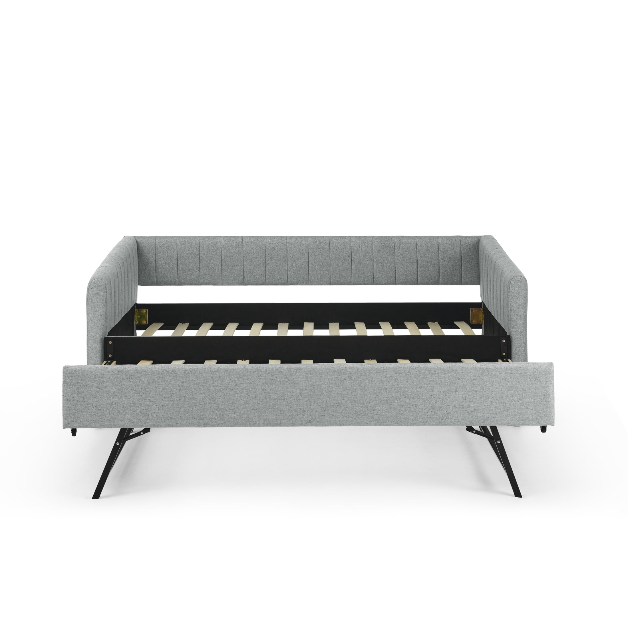 Noble House Marcel Twin-Size Daybed, Vertical Striped Breathable Linen Upholstered Sofa Bed with Hidden Trundle, Grey