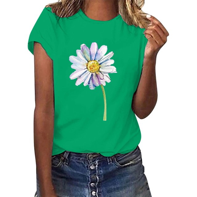 Hauts d'Été pour Femmes, Blouses Décontractées Élégantes 2024, T-Shirts à Manches Courtes Imprimés, Col Rond, Ample, Vert