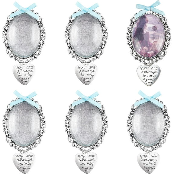 6Pcs Wedding Bouquet Photo Charm Double Lacy Oval Frame Memory Pin Bridal Charm for Bridal Shower Wedding Party Decoration Silver