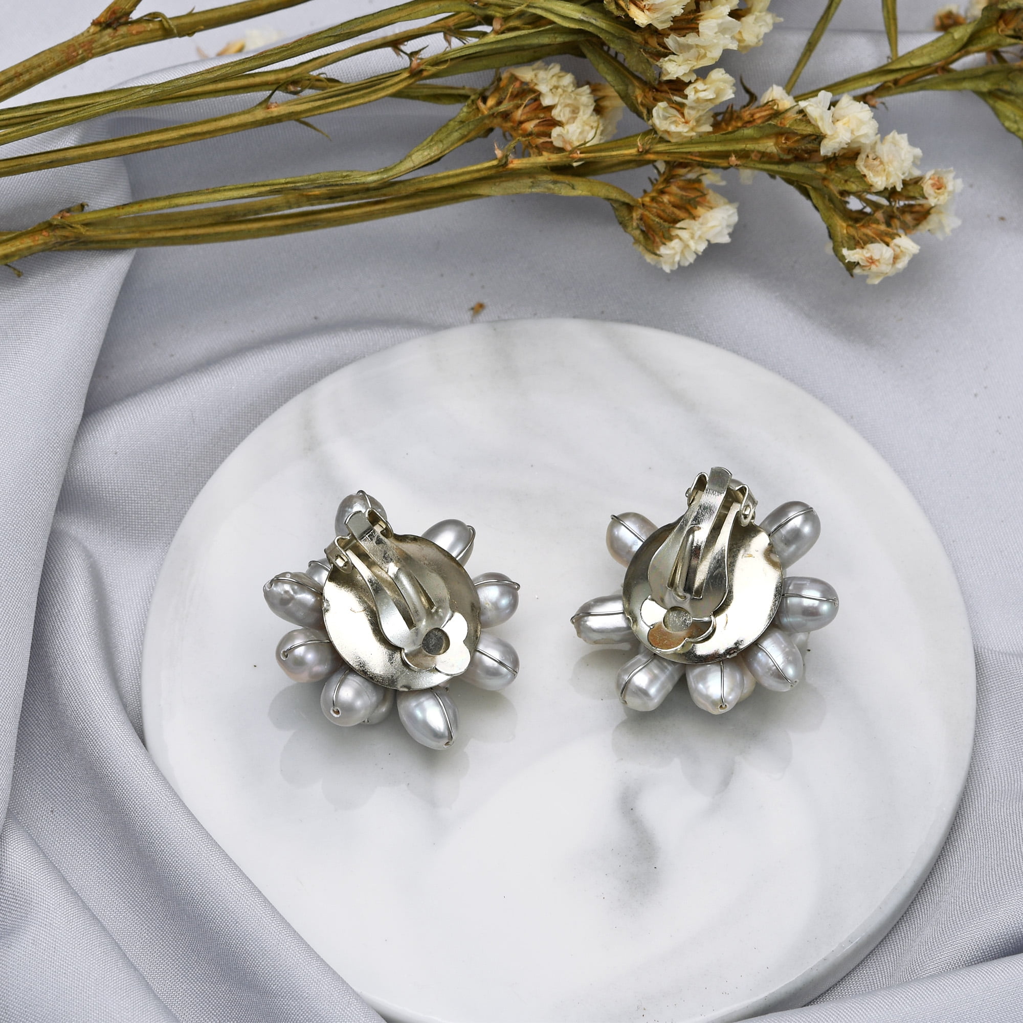 Classic Statement Pearl Bridal Floral Cluster Clip-on Non Pierced Earrings