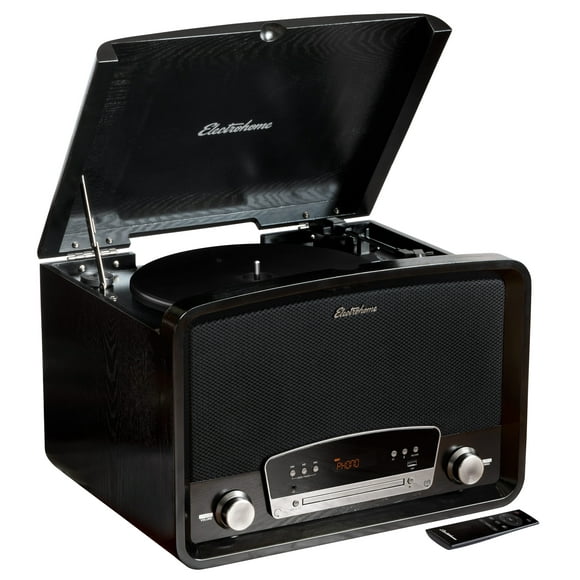 Electrohome Kingston 7-en-1 Vintage Lecteur de Disques Vinyle Stéréo avec 3 Vitesses Tourne-Disque, Bluetooth, Radio Am / Fm, CD, aux, Rca / Casque, Vinyle / CD à l'Enregistrement MP3 et Lecture USB (RR75B)