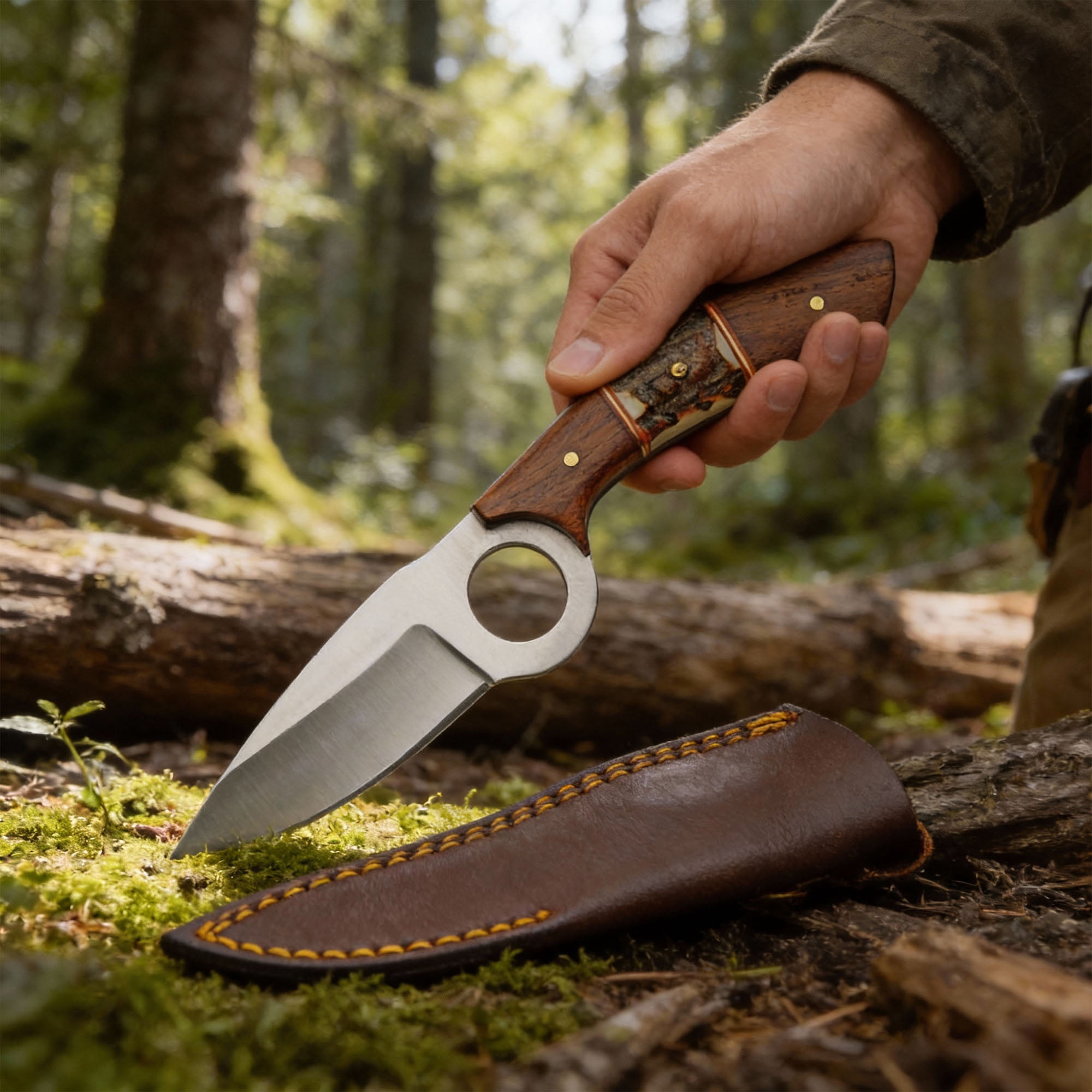 SZCO 7.5 Inch Showdown Wood & Stag Hunter Knife Full Tang Stainless Steel Blade With Leather Sheath Outdoor Fixed Blade Knife