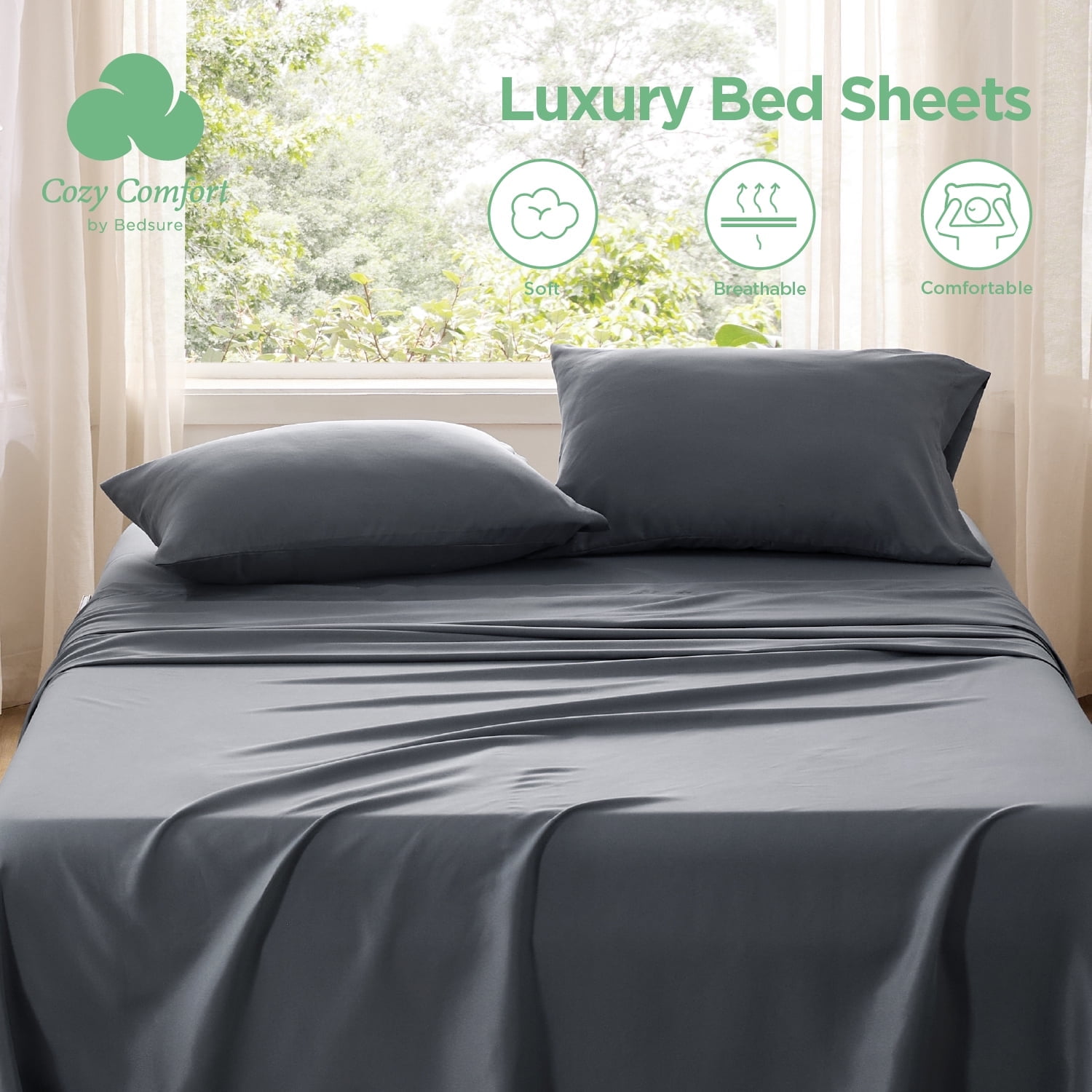 Cozy Comfort Queen Bed Sheets with Side Pocket,4 Pieces Polyester Microfiber Bed Sheet Set,Dark Gray