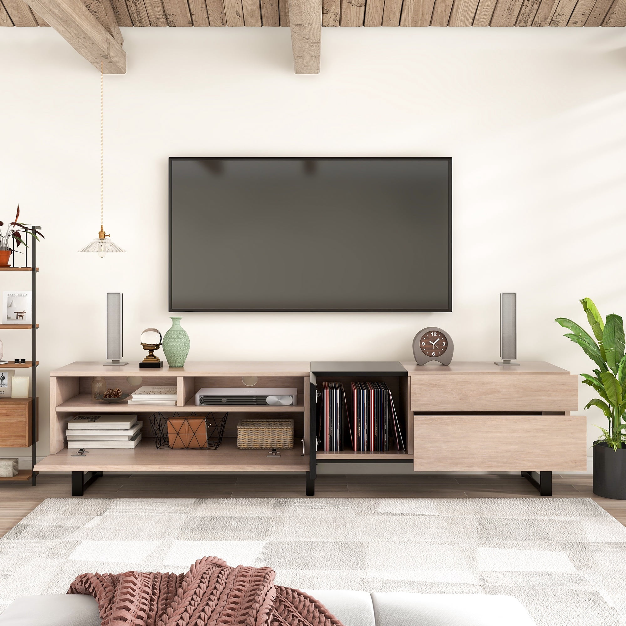 PORKISS TV Stand for 80 Inch TV, Entertainment Center with Storage Shelves, Media Console with Metal Legs for Living Room, Natural Wood + Black