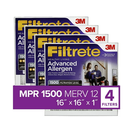 

3M 16x16x1 MERV 12 Advanced Allergen Reduction HVAC Furnace Air Filter Captures Allergens Bacteria Viruses 1500 MPR 4 Filters