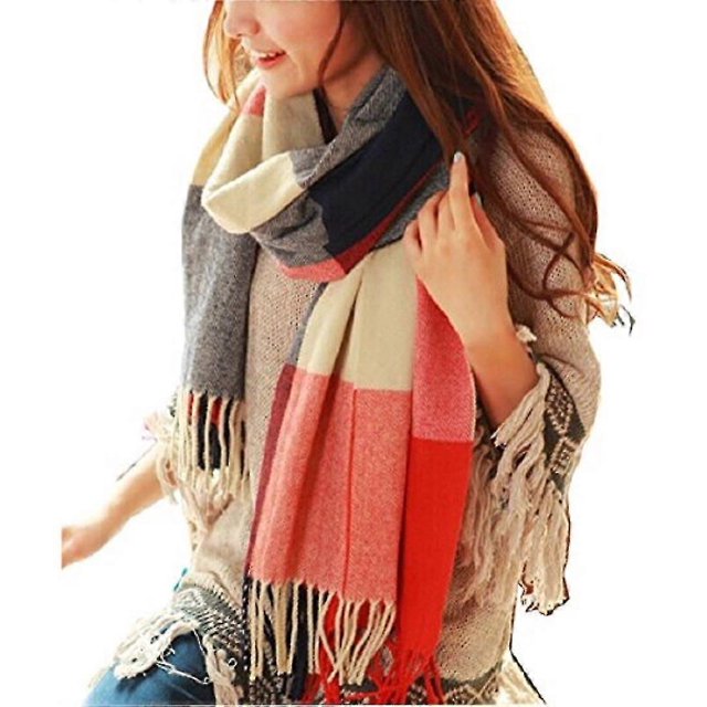 Women's Fashion Long Shawl Big Grid Winter Warm Lattice Large Scarf Red Blue
