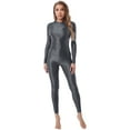 thumbnail image 3 of IEFIEL Womens Shiny Spandex Metallic Unitard Long Sleeve T-Shirt with Leggings Set 2Pcs Yoga Outfit Sports Suit A Grey L, 3 of 7