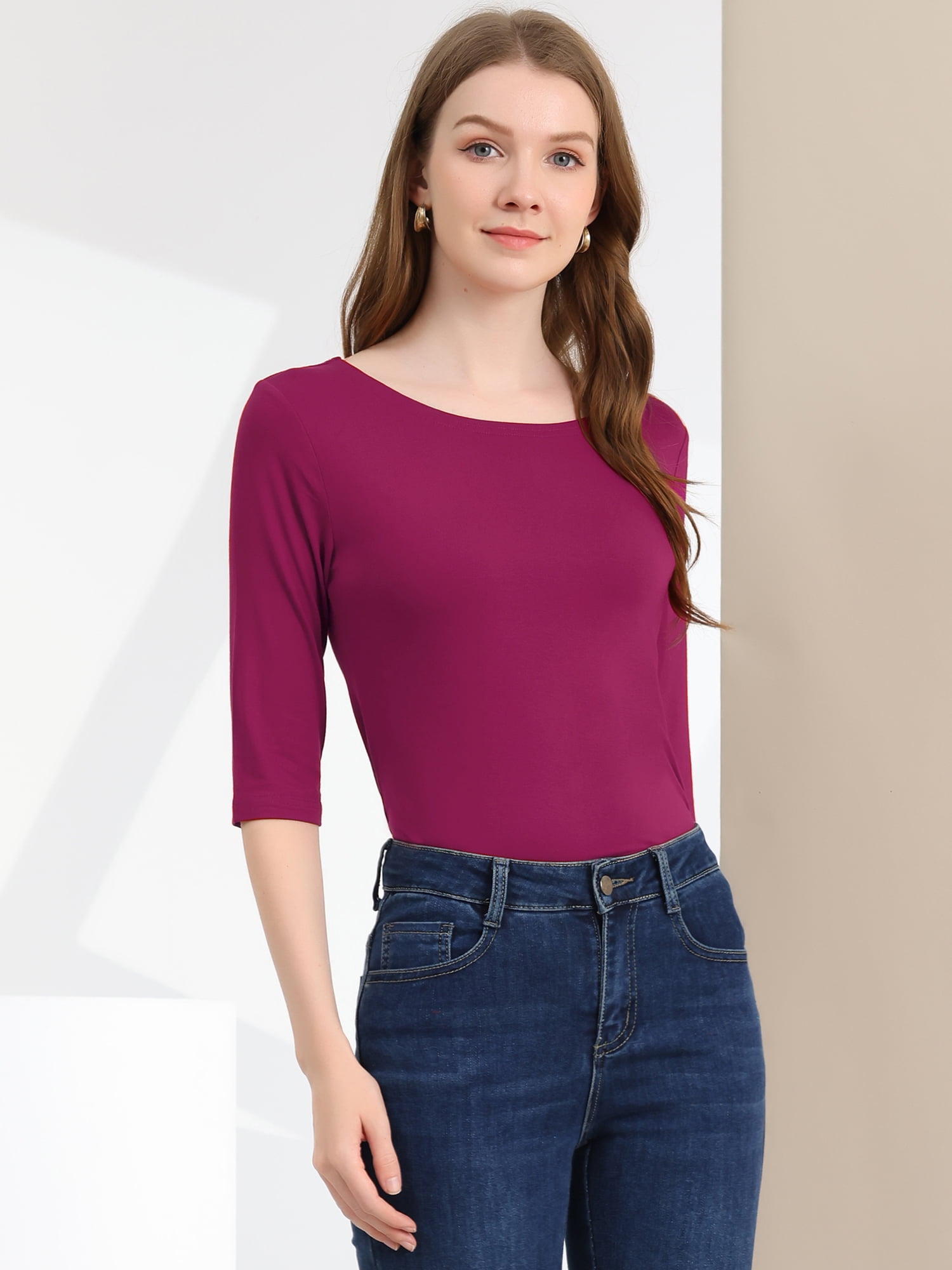 DARING DIVA Women's Elbow Sleeves Boat Neck Slim Fit Classic Tee M Fuchsia