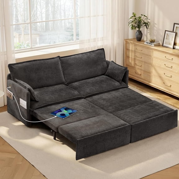 Ywen 74" King Pull Out Sofa Bed -Convertible Sleeper Sofa Bed, Corduroy Pull Out Couch with USB Charging,Side Pockets for Living Room,Bedroom