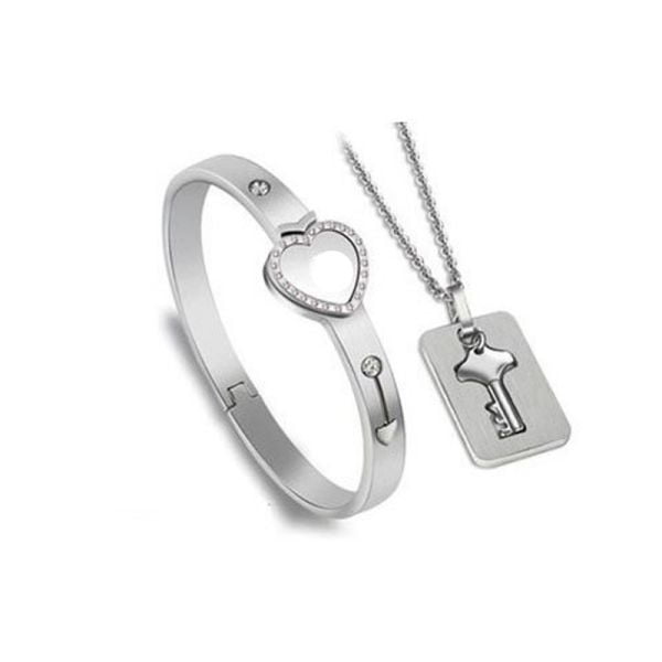 Heart Lock Bracelet and Key Necklace Set, Titanium and Stainless Steel  Concentric Lock Couple Necklace & Bracelet for His & Hers Love Heart Key  Lock