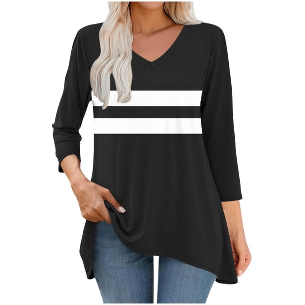 mfyjkho Tops Elegantes Para Mujer, Camiseta Estampada De Moda Para Mujer, Blusa De Manga 3/4 Con Cuello En V, Blusa Informal Holgada Tops Para Hacer Ejercicio M